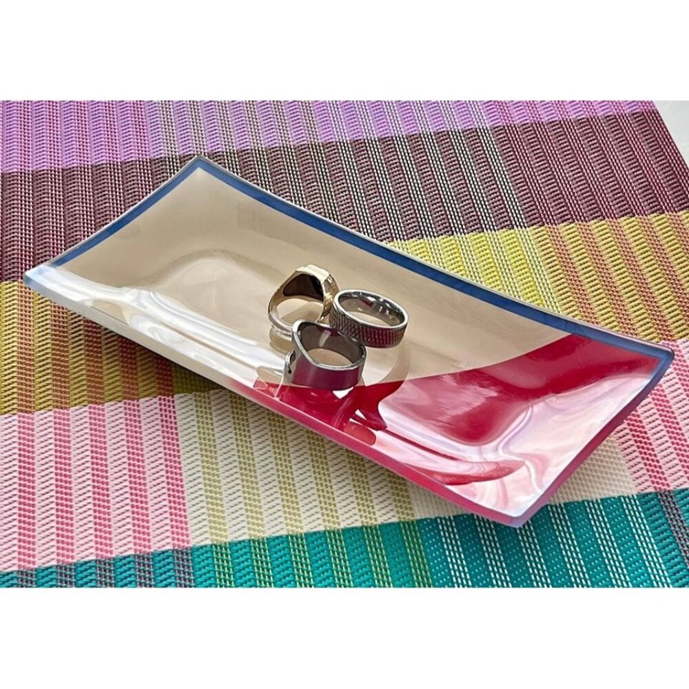 J. Crew Printed Glass Catchall Tray with a red and beige geometric (geo) design
